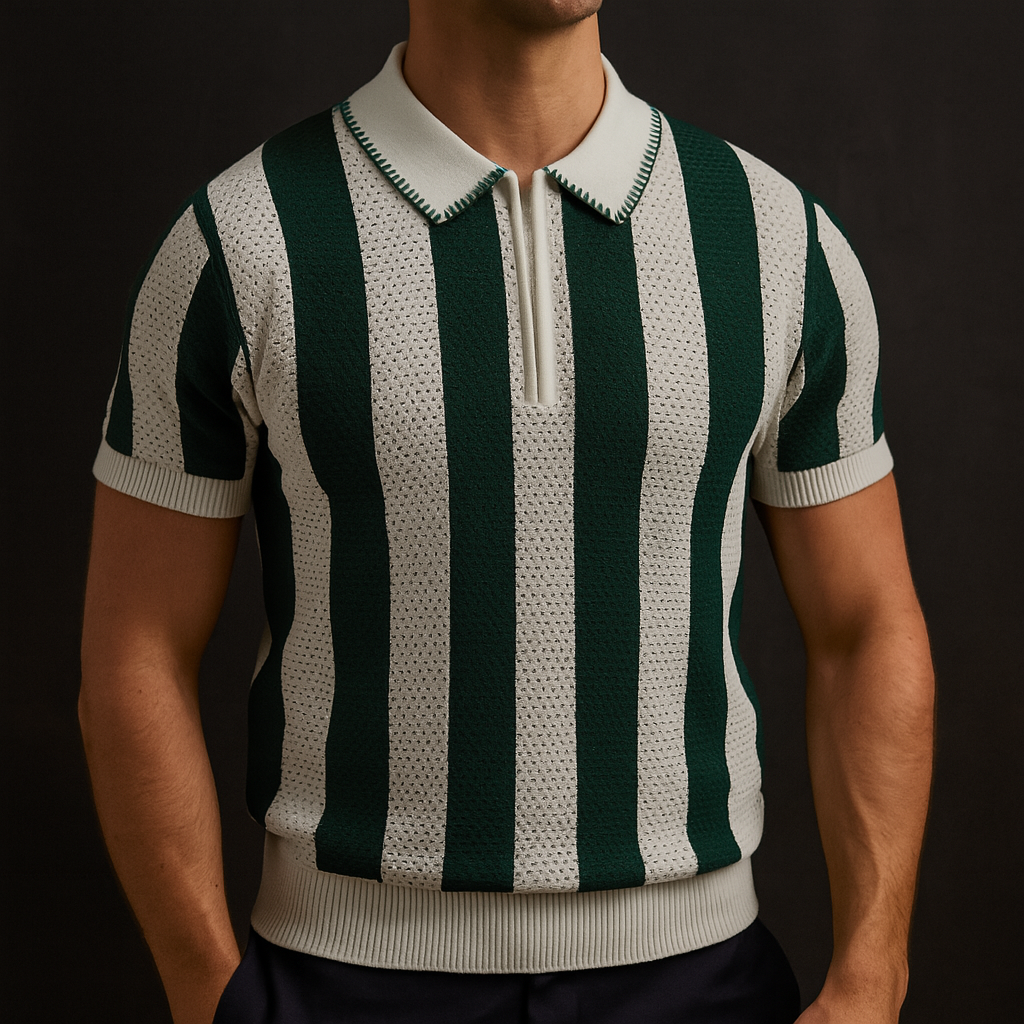 Person wearing a green and white striped shirt against a dark background