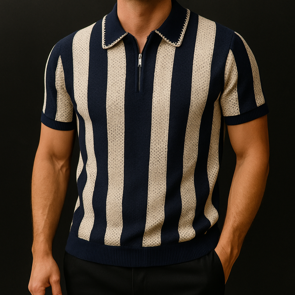 Navy and beige striped polo shirt worn by a person on a black background