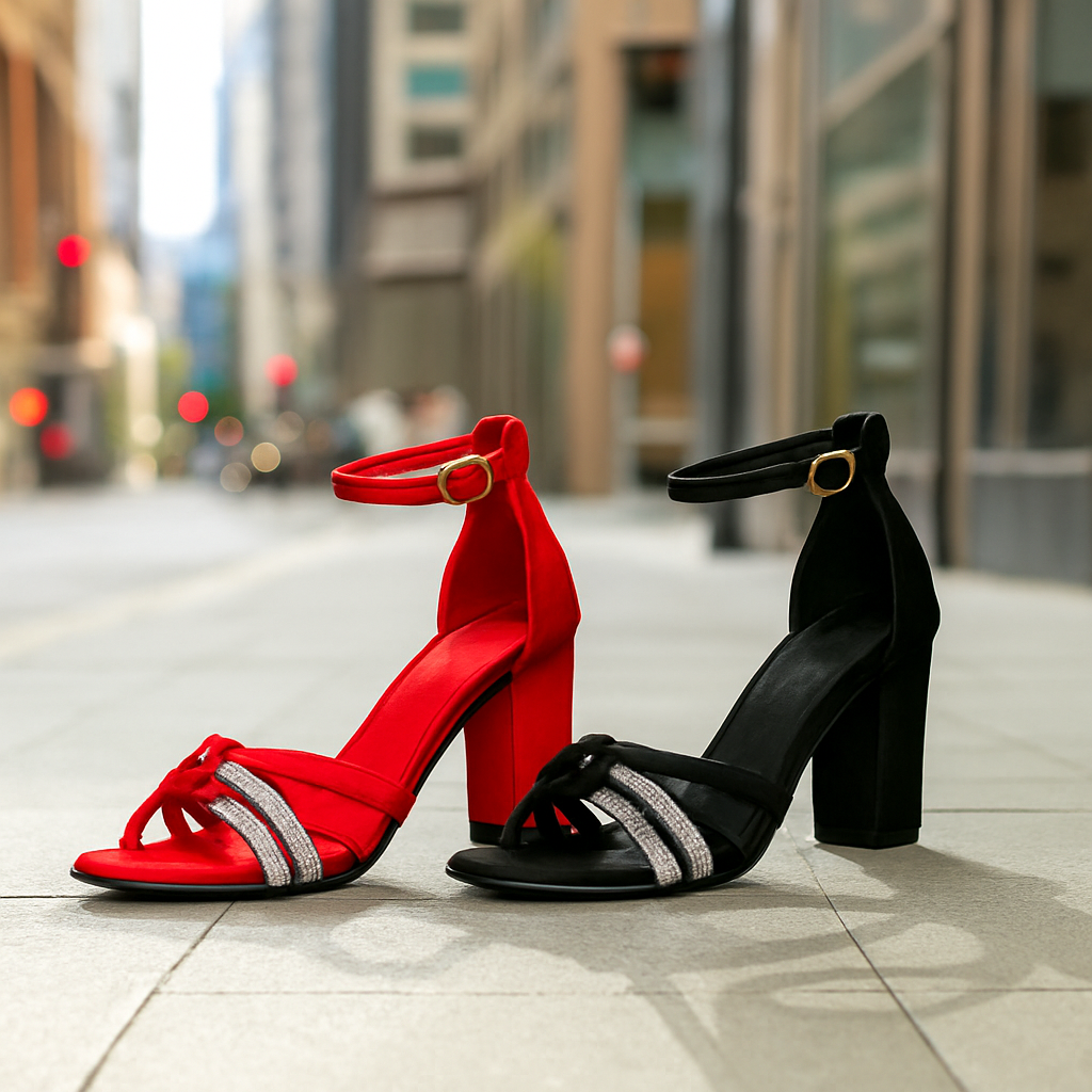 Red and black high-heeled shoes on a city street with blurred background