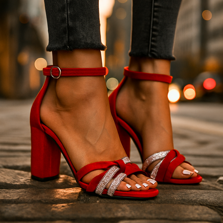 Red high-heeled shoes with black jeans on a blurred street background